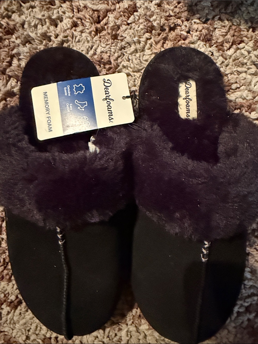 dearfoams Women's Black Slippers with Plush Faux-Fur Trim